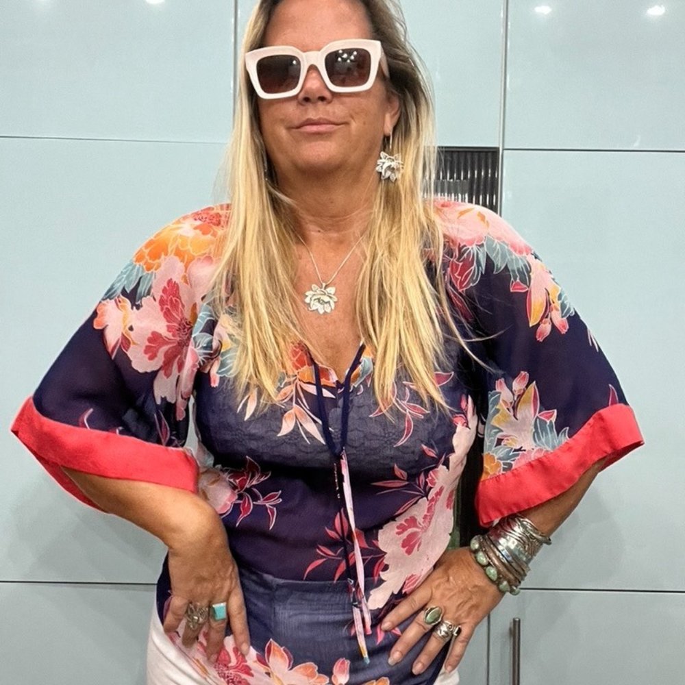 Express Women's Navy & Melon Floral Colorful Sheer Pullover Top S